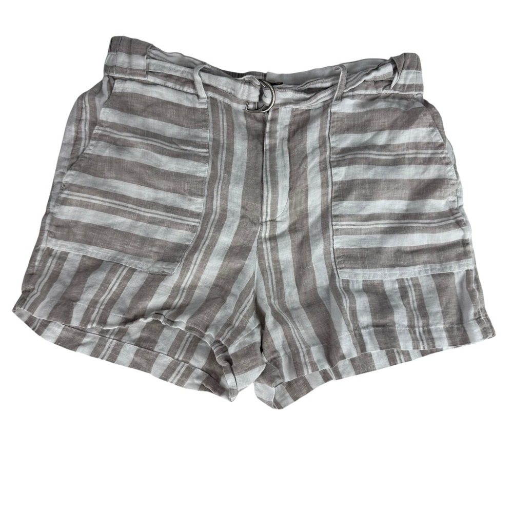 Tahari Tan Cream Striped D Ring Belt Two Front‎ Pockets Linen Shorts Medium